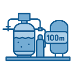 آیکون مینیمال دستگاه تصفیه آب صنعتی با ظرفیت ۱۰۰ متر مکعب در ساعت با پالت آبی و پس‌زمینه شفاف